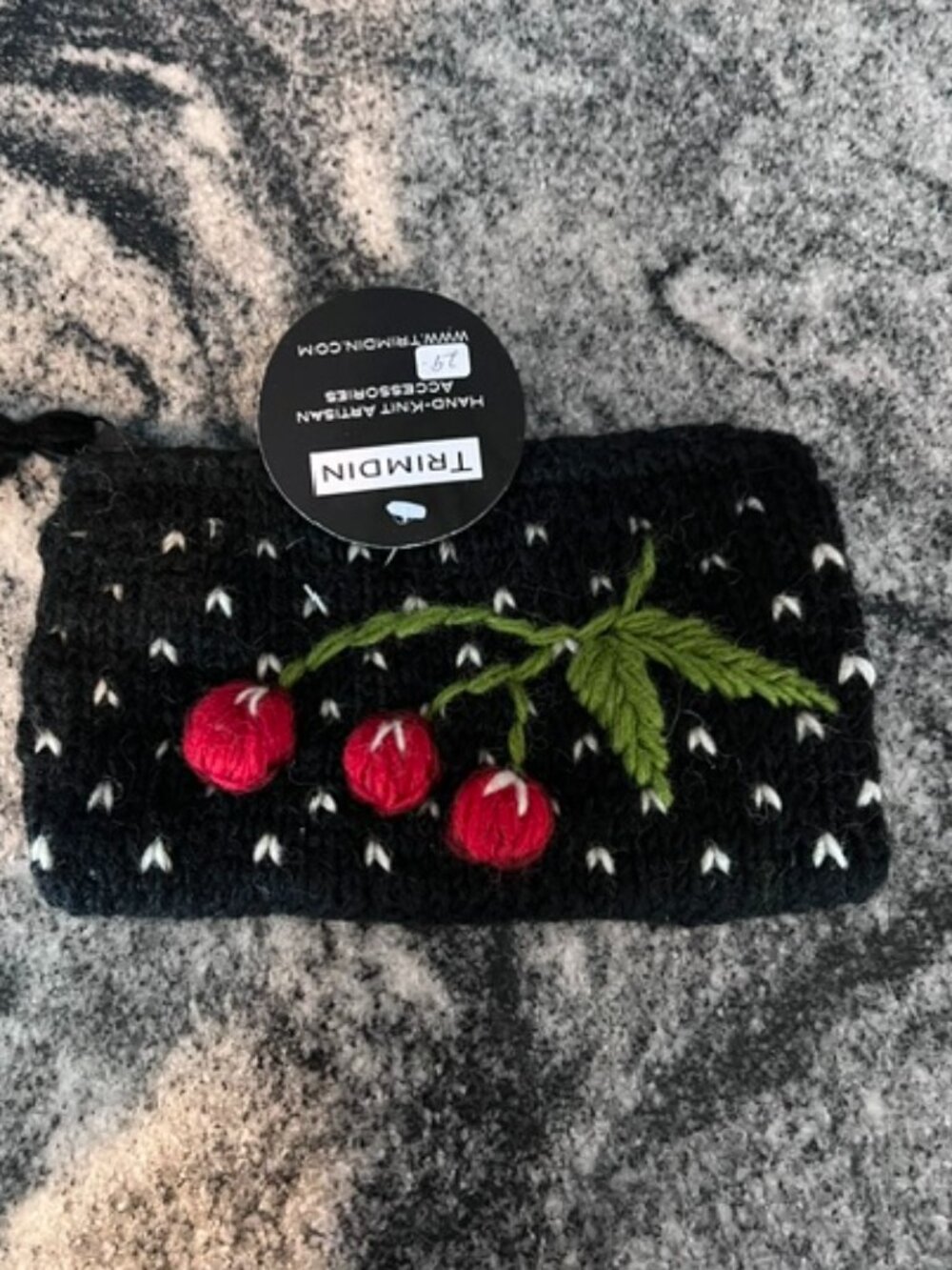 TRIMDIN Cherries Noir hand-knit fleece lined wool accessory pouch handmade Nepal